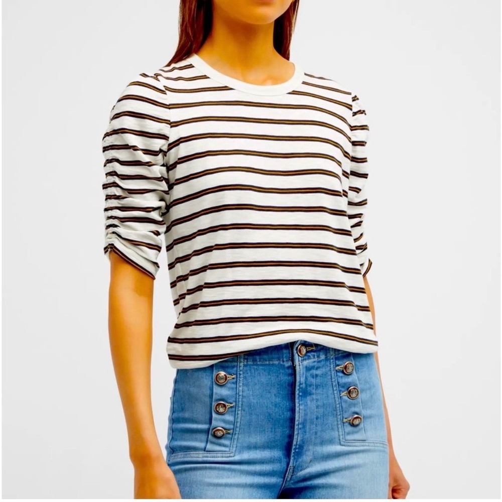Veronica Beard Waldorf Ruched Sleeve Tee M White Mustard Navy Stripe Preppy